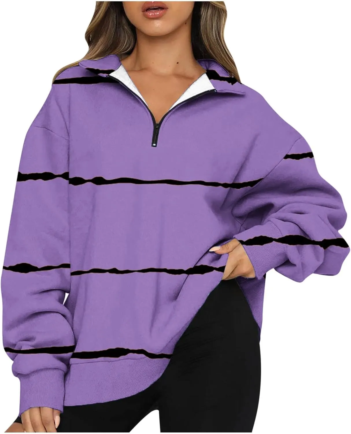 Ceboyel Women Striped Print Sweatshirts 2023 Oversized Hoodie Pullover 1/4 Zip Casual Fall Tops Loose Fit Trendy Outfits
