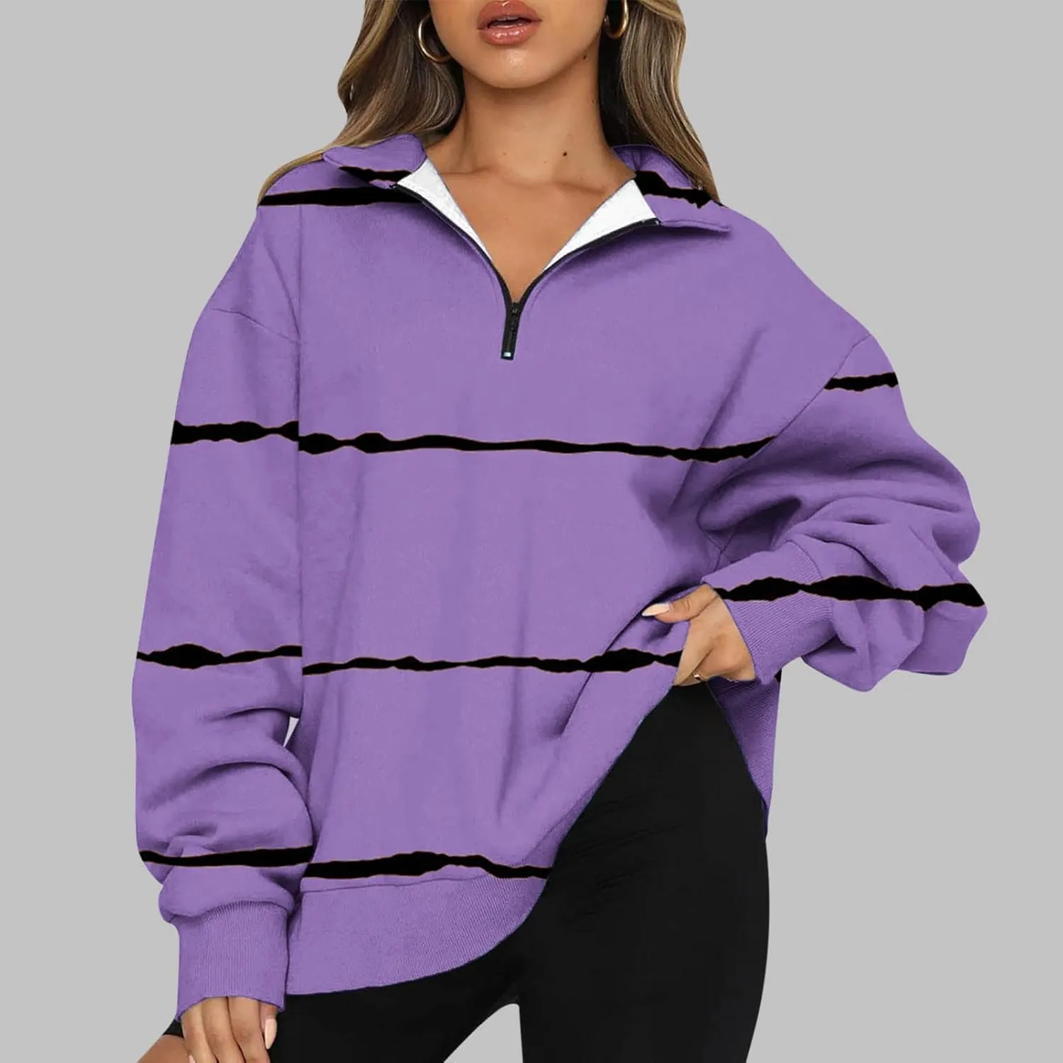 Ceboyel Women Striped Print Sweatshirts 2023 Oversized Hoodie Pullover 1/4 Zip Casual Fall Tops Loose Fit Trendy Outfits