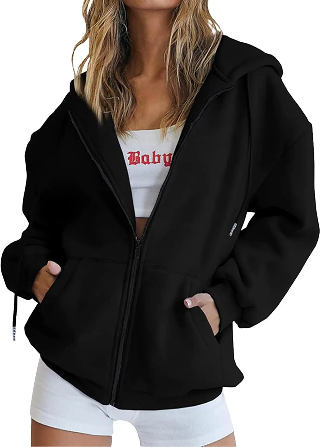 Ceboyel Womens Oversized Hoodie Sweatshirt Full Zip Up Jacket Drawstring Hooded Top Teen Girl Y2k Preppy Clothing with Pocket