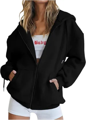 Ceboyel Womens Oversized Hoodie Sweatshirt Full Zip Up Jacket Drawstring Hooded Top Teen Girl Y2k Preppy Clothing with Pocket