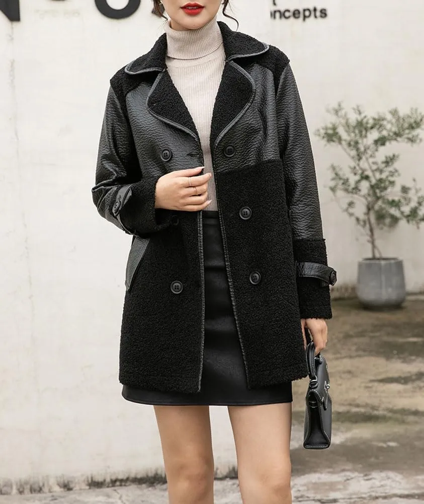 chouyatou Women's Casual Lapel Double Breasted Pu Faux Leather Jacket Reversible Trench Coat