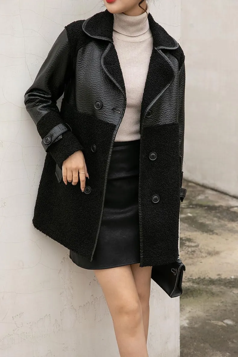 chouyatou Women's Casual Lapel Double Breasted Pu Faux Leather Jacket Reversible Trench Coat