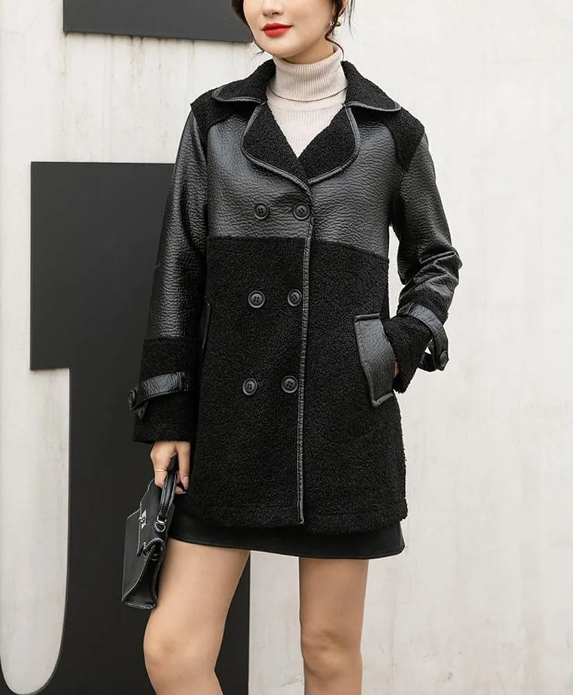 chouyatou Women's Casual Lapel Double Breasted Pu Faux Leather Jacket Reversible Trench Coat