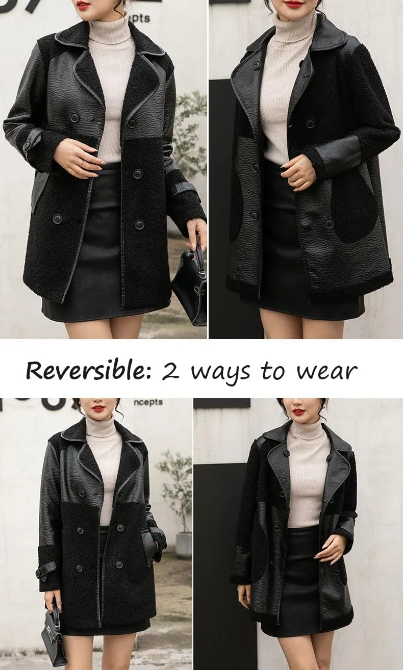 chouyatou Women's Casual Lapel Double Breasted Pu Faux Leather Jacket Reversible Trench Coat