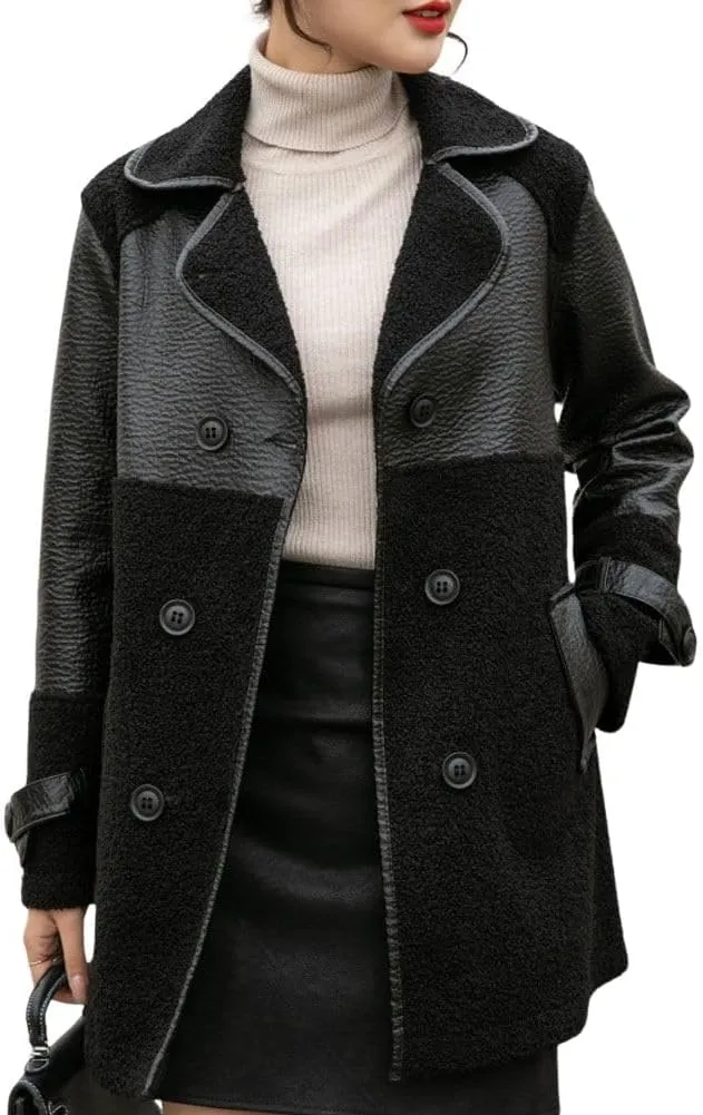chouyatou Women's Casual Lapel Double Breasted Pu Faux Leather Jacket Reversible Trench Coat