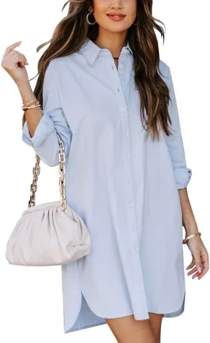 chouyatou Women's Casual Loose Fit Long Sleeve Solid Striped Button Down Shirts Dresses