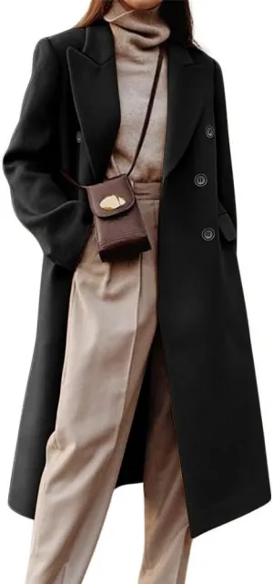 chouyatou Women's Double Breasted Wool Coat Notched Lapel Collar Winter Pea Coat Overcoat Long Jackets