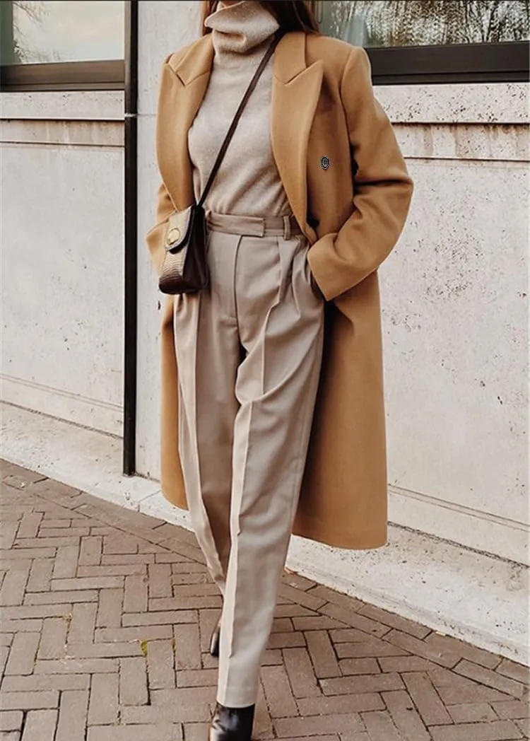 chouyatou Women's Double Breasted Wool Coat Notched Lapel Collar Winter Pea Coat Overcoat Long Jackets