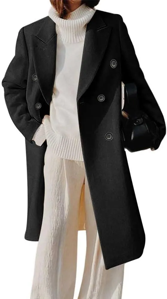 chouyatou Women's Double Breasted Wool Coat Notched Lapel Collar Winter Pea Coat Overcoat Long Jackets