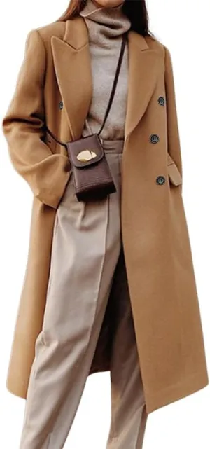chouyatou Women's Double Breasted Wool Coat Notched Lapel Collar Winter Pea Coat Overcoat Long Jackets