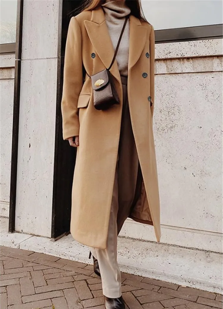 chouyatou Women's Double Breasted Wool Coat Notched Lapel Collar Winter Pea Coat Overcoat Long Jackets