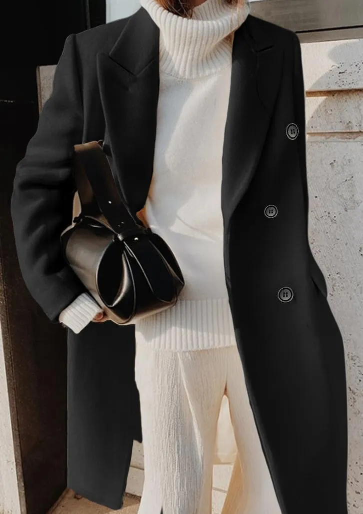 chouyatou Women's Double Breasted Wool Coat Notched Lapel Collar Winter Pea Coat Overcoat Long Jackets