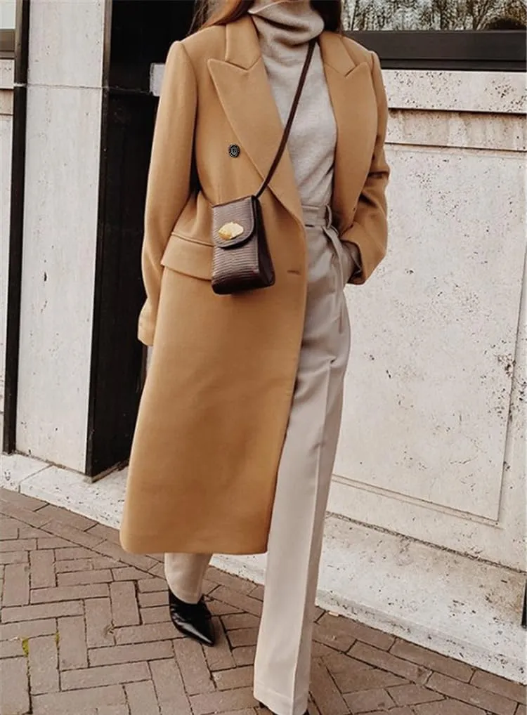 chouyatou Women's Double Breasted Wool Coat Notched Lapel Collar Winter Pea Coat Overcoat Long Jackets