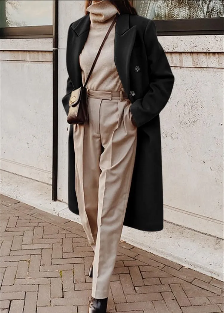 chouyatou Women's Double Breasted Wool Coat Notched Lapel Collar Winter Pea Coat Overcoat Long Jackets