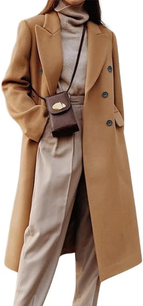 chouyatou Women's Double Breasted Wool Coat Notched Lapel Collar Winter Pea Coat Overcoat Long Jackets