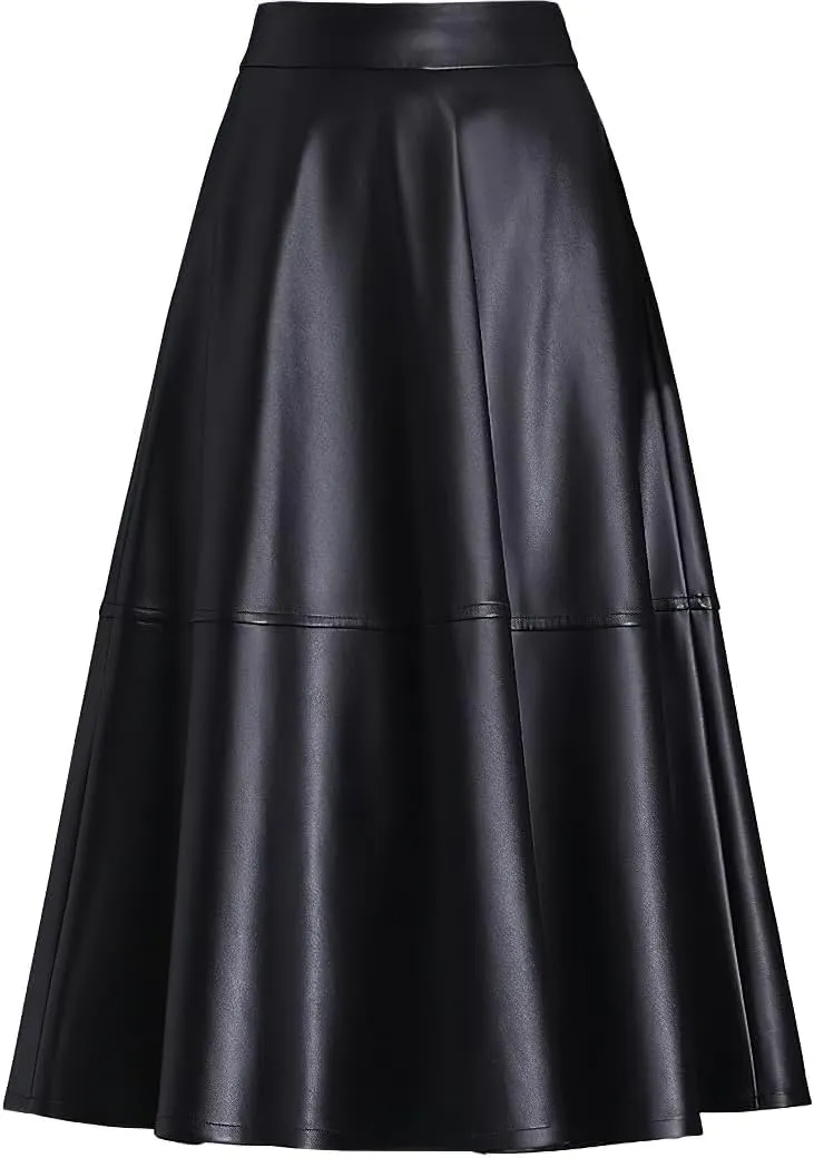 chouyatou Women's Faux Leather Skirt High Waist A Line Midi Long Pleated PU Leather Skirt with Pockets
