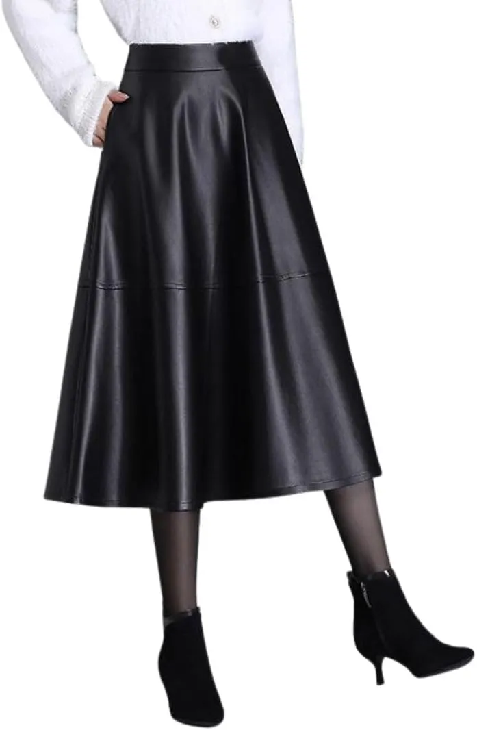 chouyatou Women's Faux Leather Skirt High Waist A Line Midi Long Pleated PU Leather Skirt with Pockets