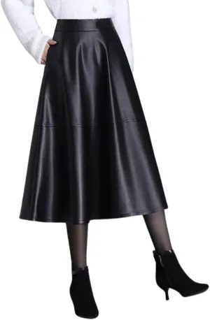 chouyatou Women's Faux Leather Skirt High Waist A Line Midi Long Pleated PU Leather Skirt with Pockets