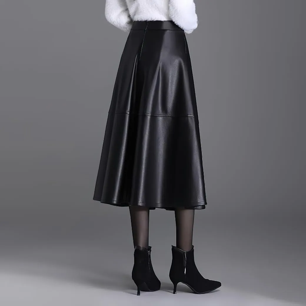 chouyatou Women's Faux Leather Skirt High Waist A Line Midi Long Pleated PU Leather Skirt with Pockets