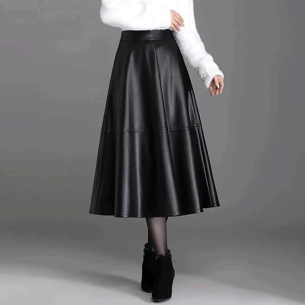chouyatou Women's Faux Leather Skirt High Waist A Line Midi Long Pleated PU Leather Skirt with Pockets