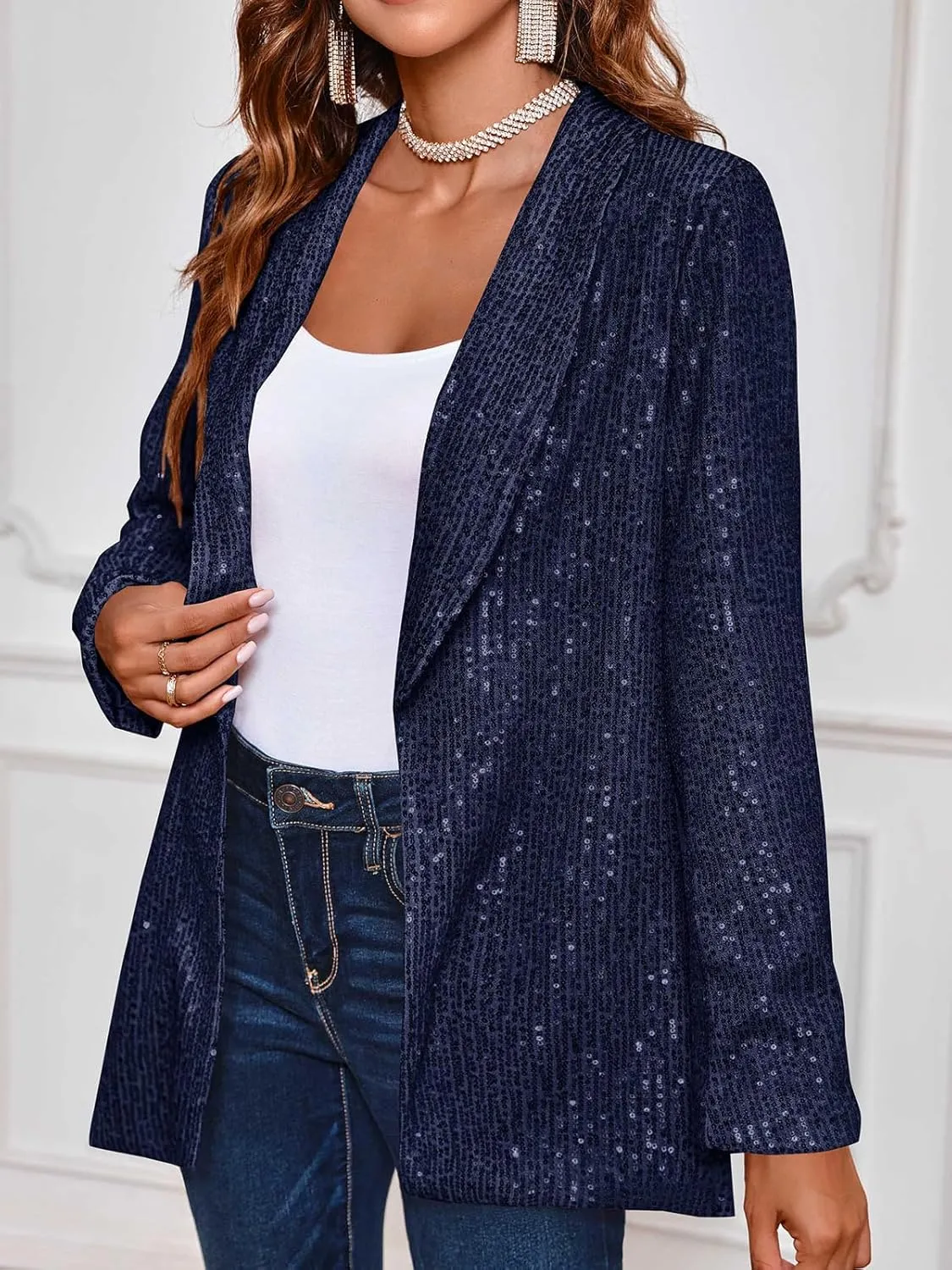 Cicy Bell Women's Sequin Shiny Blazer Casual Laple Long Sleeve Sparkly Party Jackets Blazer