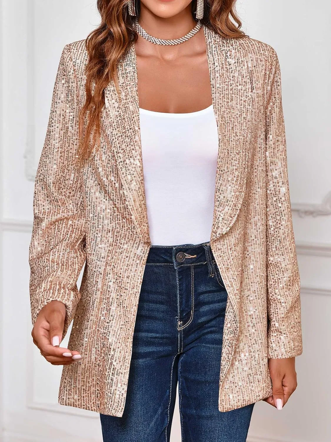 Cicy Bell Women's Sequin Shiny Blazer Casual Laple Long Sleeve Sparkly Party Jackets Blazer