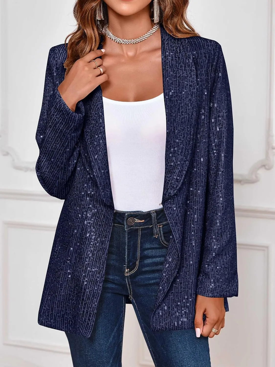 Cicy Bell Women's Sequin Shiny Blazer Casual Laple Long Sleeve Sparkly Party Jackets Blazer
