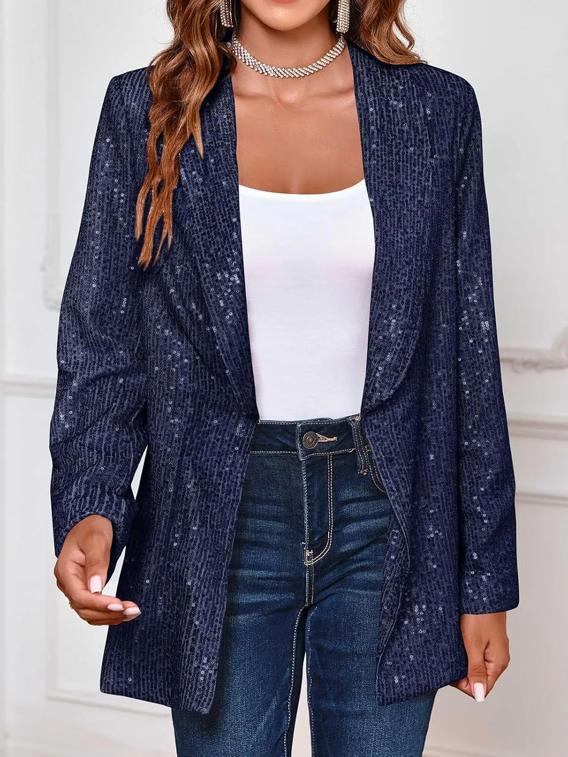 Cicy Bell Women's Sequin Shiny Blazer Casual Laple Long Sleeve Sparkly Party Jackets Blazer