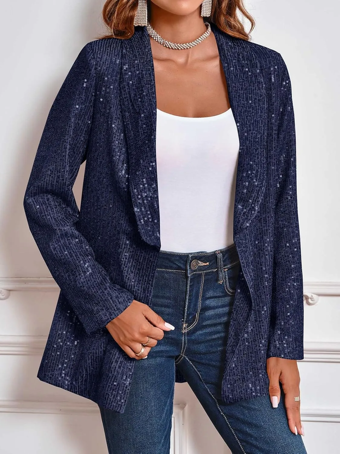 Cicy Bell Women's Sequin Shiny Blazer Casual Laple Long Sleeve Sparkly Party Jackets Blazer