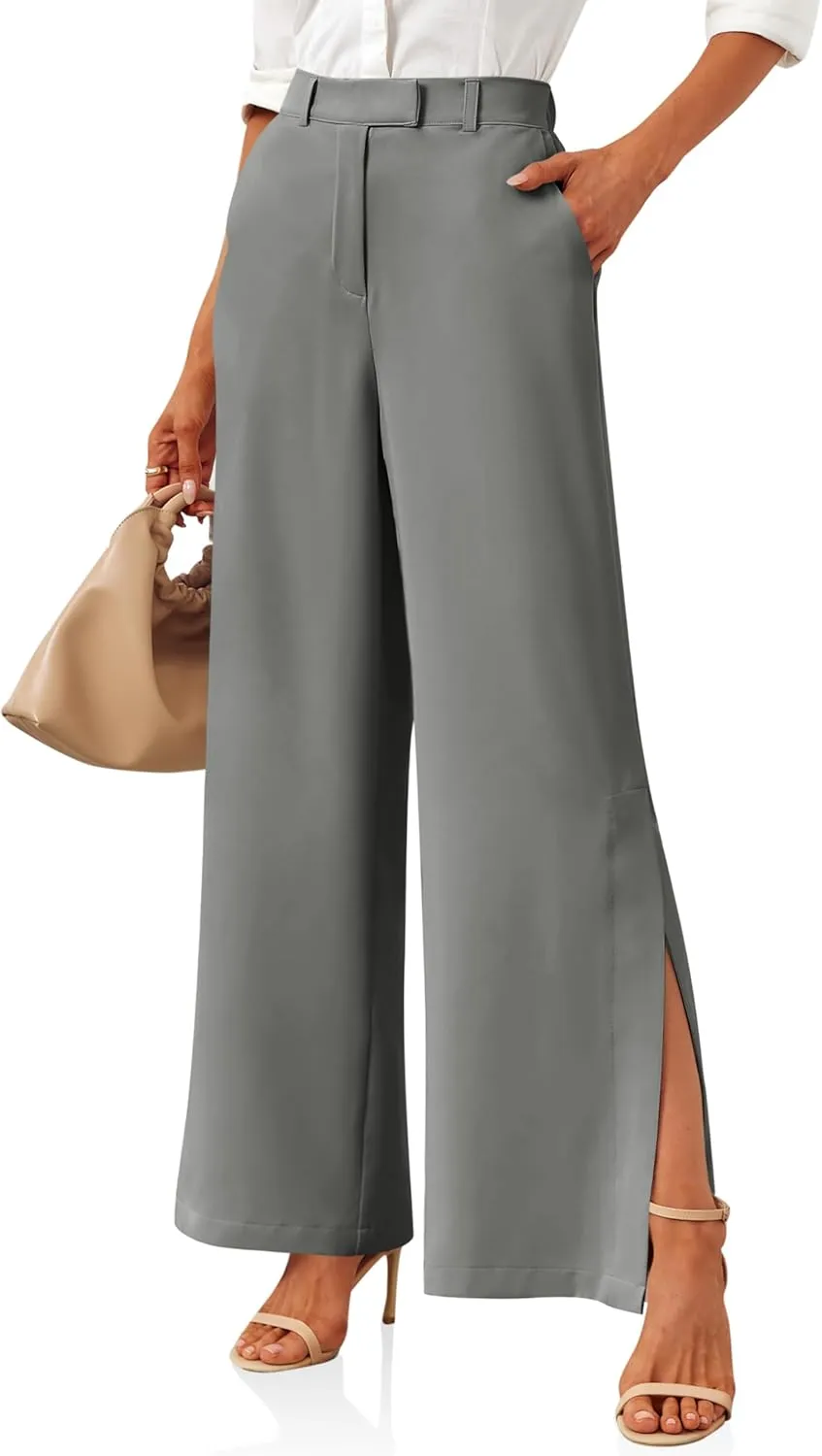 Cicy Bell Womens Side Split Dress Pants Elastic High Waisted Wide Leg Business Casual Trousers with Pockets