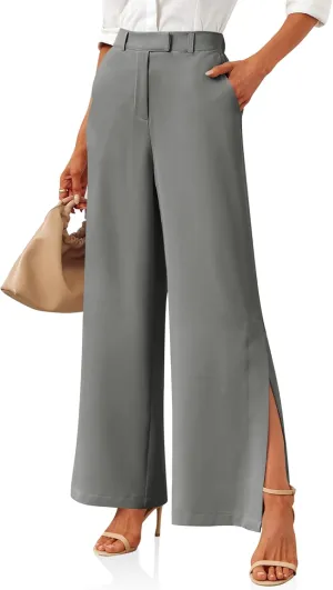 Cicy Bell Womens Side Split Dress Pants Elastic High Waisted Wide Leg Business Casual Trousers with Pockets