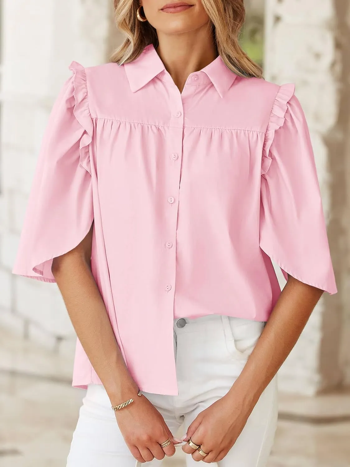 Cicy Bell Womens Summer Button Down Shirts Short Ruffle Puff Sleeve Cotton Blouses Dressy Casual Ladies Tops