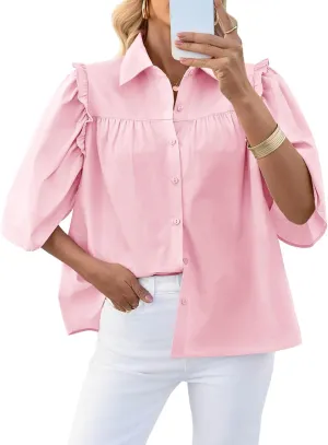 Cicy Bell Womens Summer Button Down Shirts Short Ruffle Puff Sleeve Cotton Blouses Dressy Casual Ladies Tops