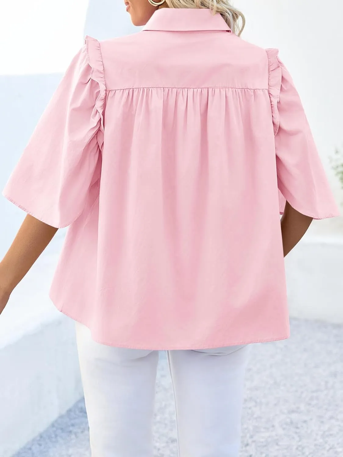 Cicy Bell Womens Summer Button Down Shirts Short Ruffle Puff Sleeve Cotton Blouses Dressy Casual Ladies Tops