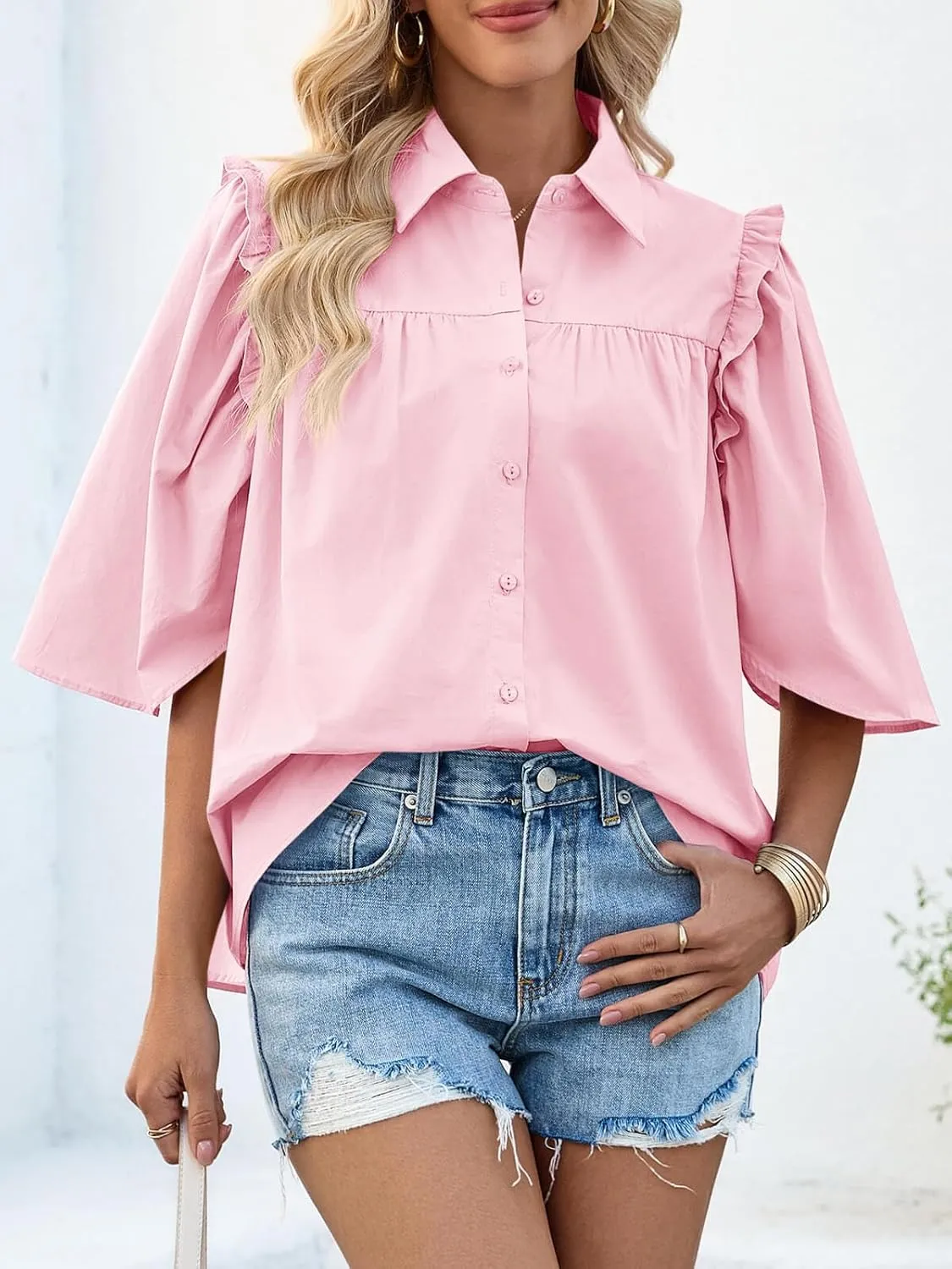 Cicy Bell Womens Summer Button Down Shirts Short Ruffle Puff Sleeve Cotton Blouses Dressy Casual Ladies Tops