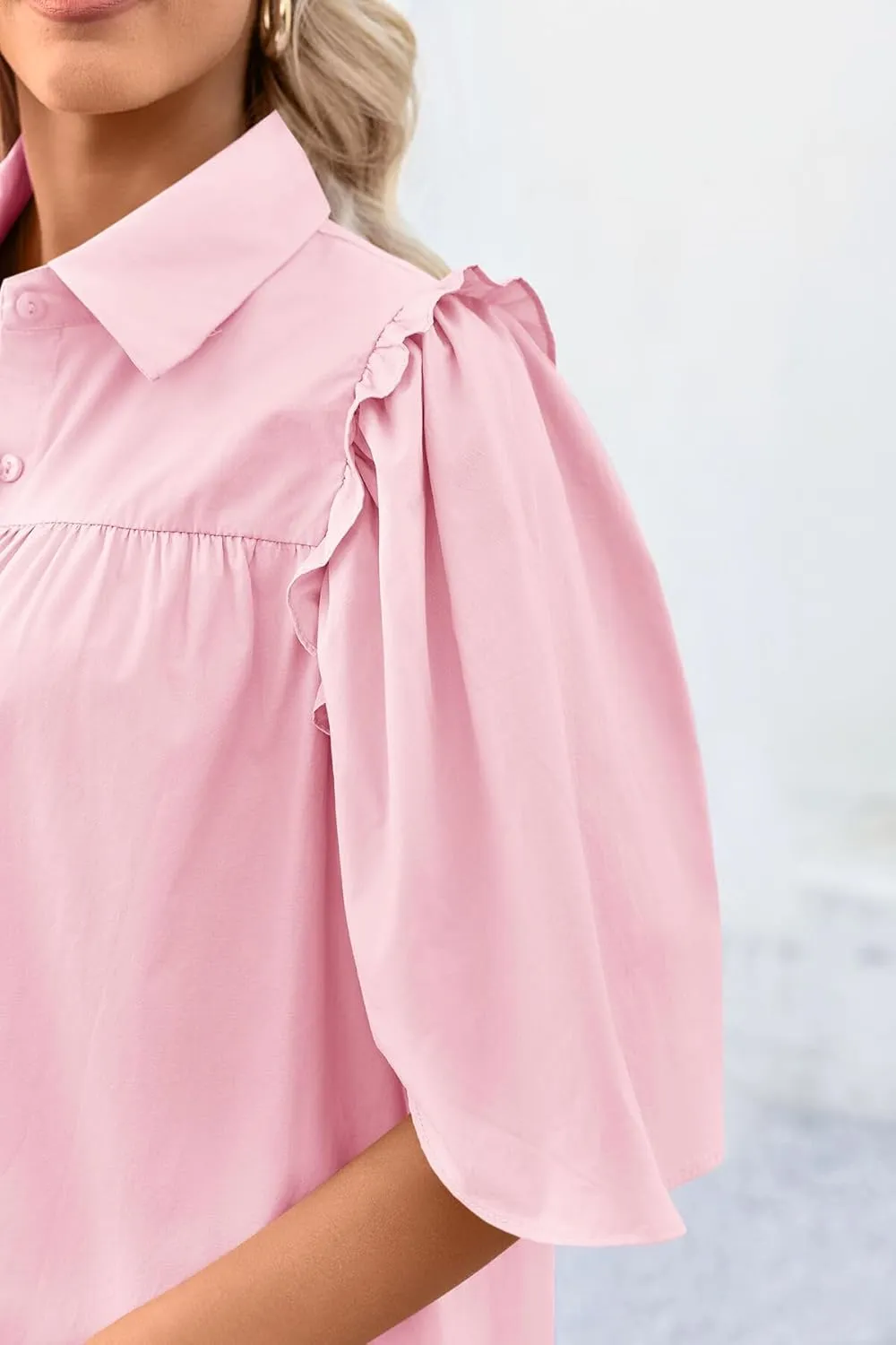 Cicy Bell Womens Summer Button Down Shirts Short Ruffle Puff Sleeve Cotton Blouses Dressy Casual Ladies Tops