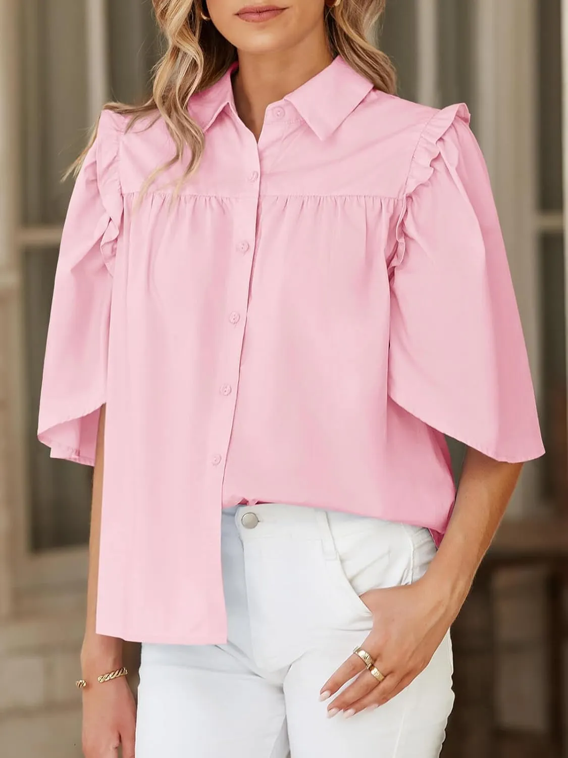 Cicy Bell Womens Summer Button Down Shirts Short Ruffle Puff Sleeve Cotton Blouses Dressy Casual Ladies Tops