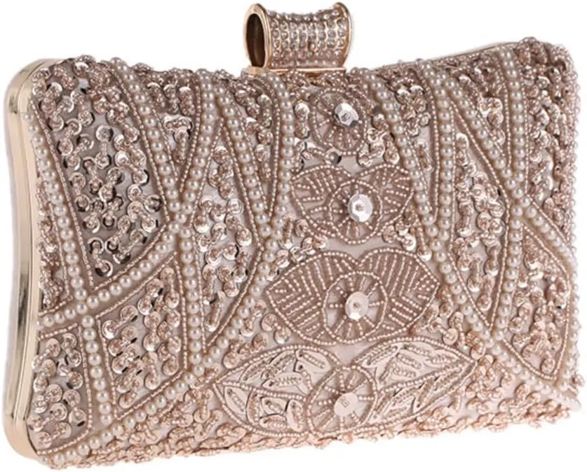 Clutch Bag for Women Evening Purse Sequin Pearl with Long Chain Strap Hard Shell Lock Handbag for Party Wedding