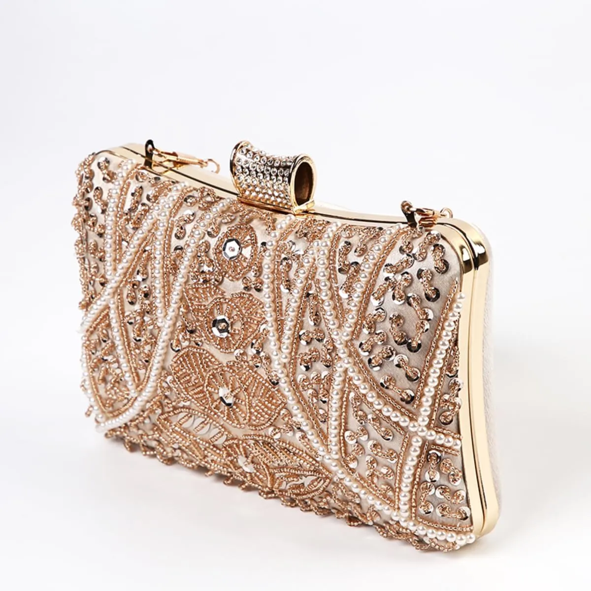 Clutch Bag for Women Evening Purse Sequin Pearl with Long Chain Strap Hard Shell Lock Handbag for Party Wedding