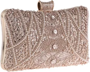 Clutch Bag for Women Evening Purse Sequin Pearl with Long Chain Strap Hard Shell Lock Handbag for Party Wedding