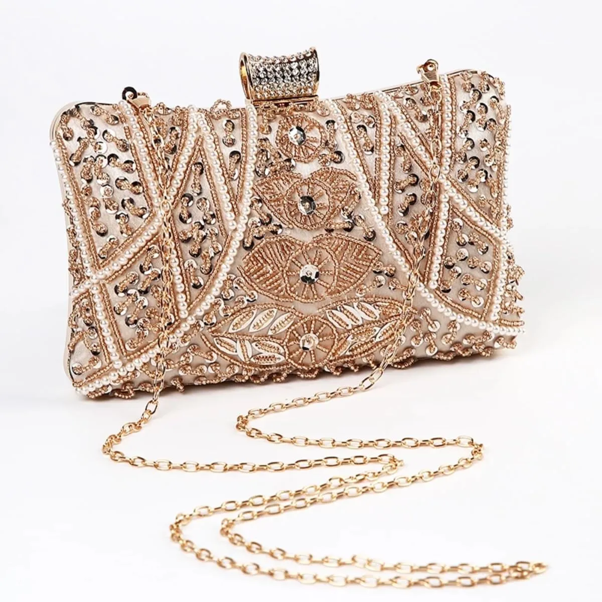Clutch Bag for Women Evening Purse Sequin Pearl with Long Chain Strap Hard Shell Lock Handbag for Party Wedding