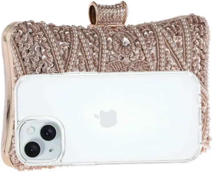 Clutch Bag for Women Evening Purse Sequin Pearl with Long Chain Strap Hard Shell Lock Handbag for Party Wedding