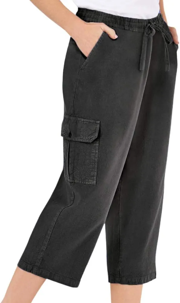 Collections Etc Elastic Waist Cargo Pocket Capri Pant