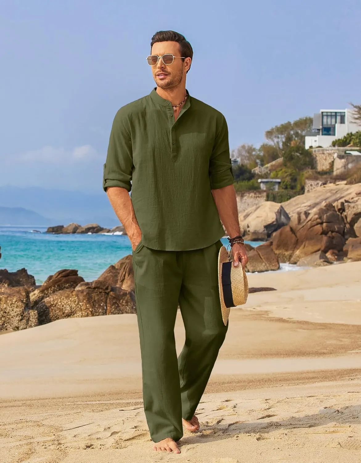 COOFANDY Men's 2 Pieces Cotton Linen Set Long Sleeve Henley Shirts Casual Beach Pants With Pockets Summer Yoga Outfits