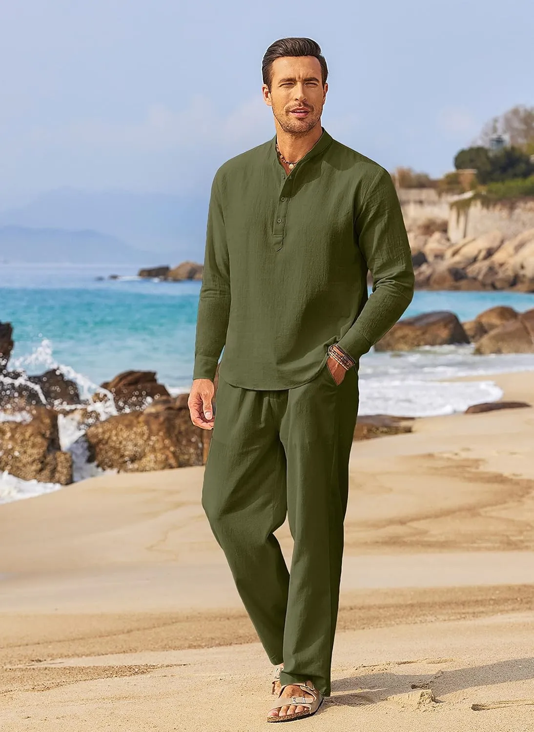 COOFANDY Men's 2 Pieces Cotton Linen Set Long Sleeve Henley Shirts Casual Beach Pants With Pockets Summer Yoga Outfits