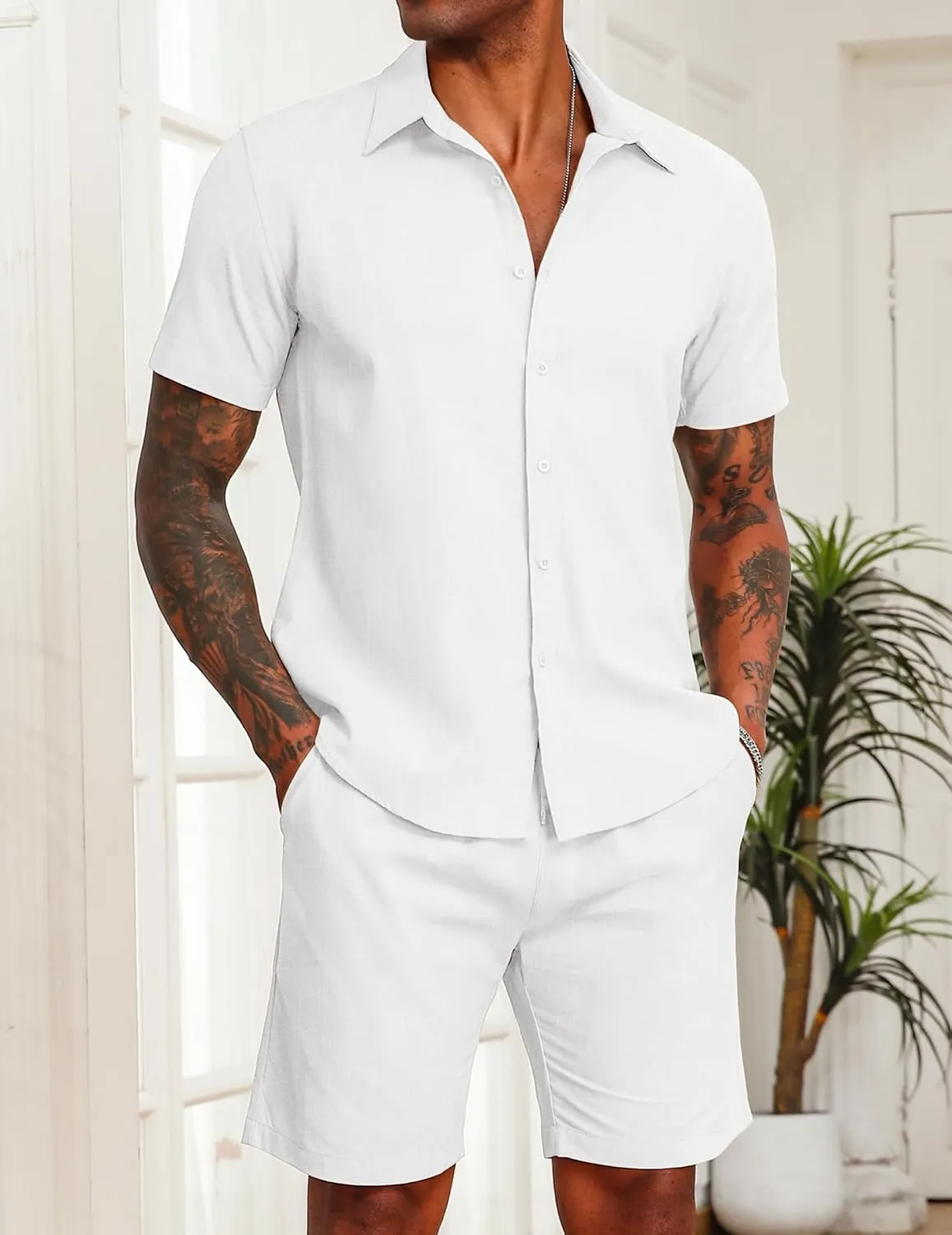 COOFANDY Men's 2 Pieces Cotton Linen Set Short Sleeve Button Down Shirts Summer Beach Shorts Casual Outfits