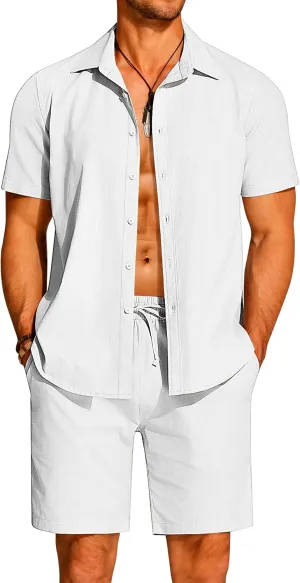 COOFANDY Men's 2 Pieces Cotton Linen Set Short Sleeve Button Down Shirts Summer Beach Shorts Casual Outfits