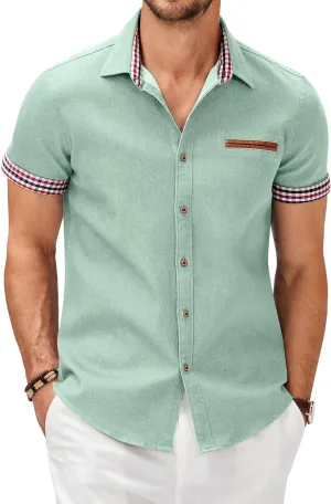COOFANDY Men's Casual Cotton Short Sleeve Button Down Dress Shirt Plaid Collar Denim Work Shirts