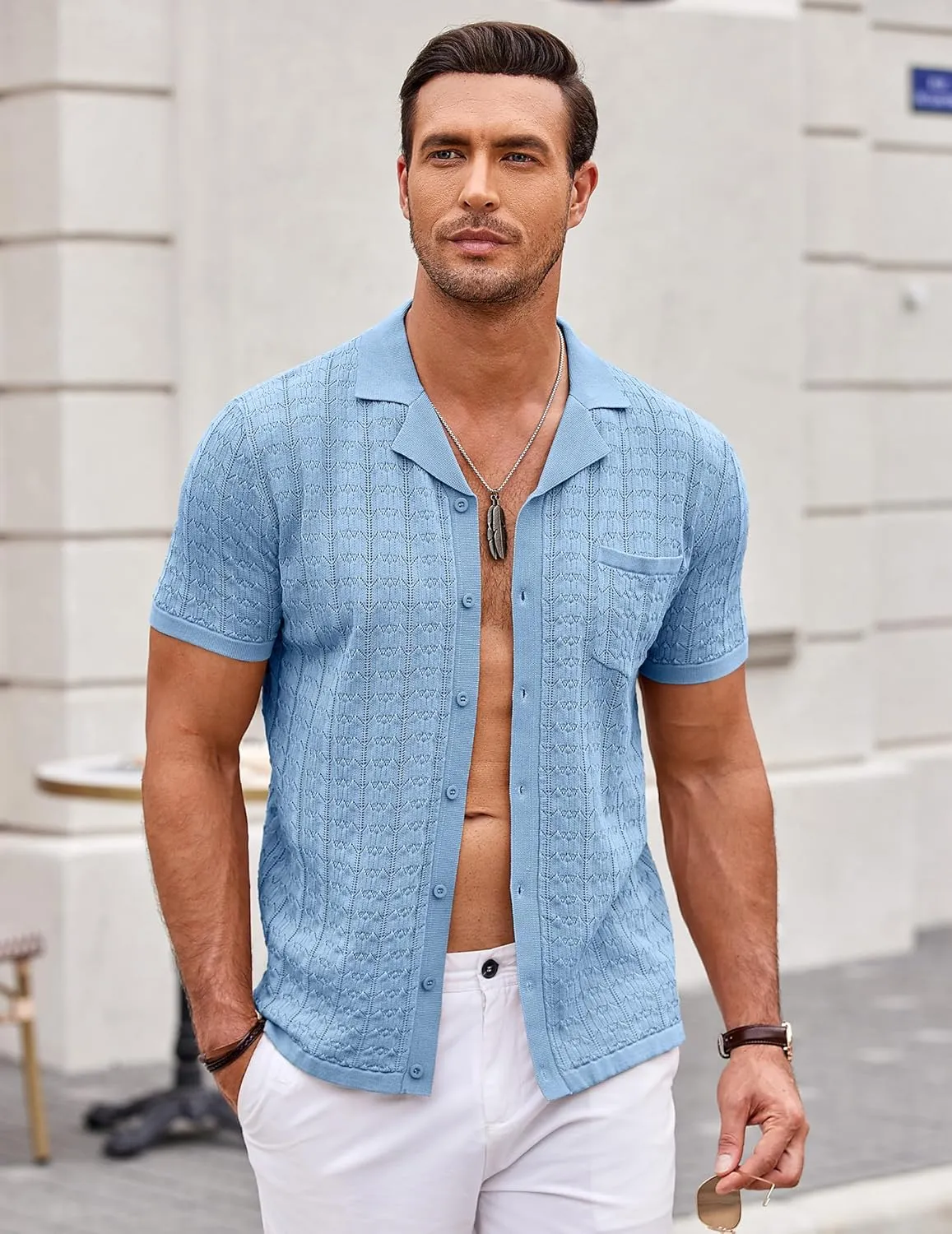 COOFANDY Men's Knit Button Down Shirt Short Sleeve Vintage Polo Shirts Summer Casual Beach Tops