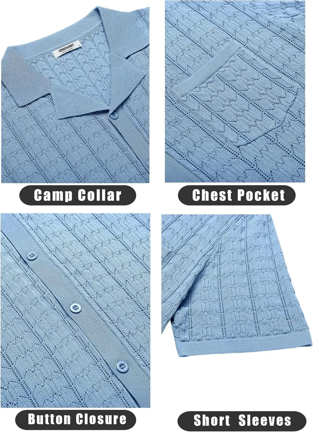 COOFANDY Men's Knit Button Down Shirt Short Sleeve Vintage Polo Shirts Summer Casual Beach Tops